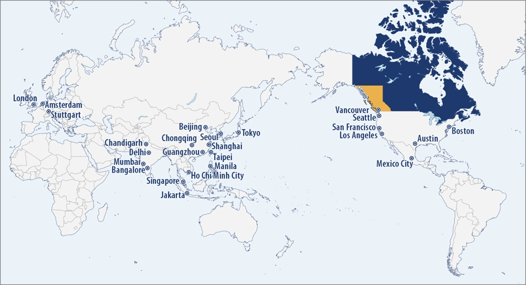 Trade and Invest BC a des bureaux de représentation dans 26 emplacements.
Notre équipe facilite le commerce, l’investissement direct étranger et d’autres occasions d’investissement, en fournissant des conseils sur la façon de faire des affaires en Colombie-Britannique, au Canada et d’exporter de la Colombie-Britannique vers des marchés clés. 