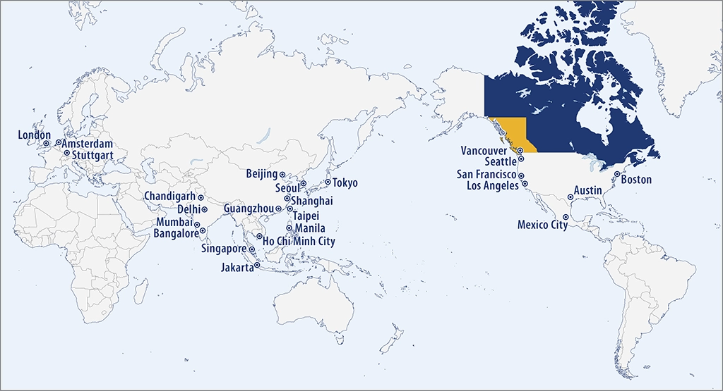 Trade and Invest BC a des bureaux de représentation dans 26 emplacements. Notre équipe facilite le commerce, l’investissement direct étranger et d’autres occasions d’investissement, en fournissant des conseils sur la façon de faire des affaires en Colombie-Britannique, au Canada et d’exporter de la Colombie-Britannique vers des marchés clés. 