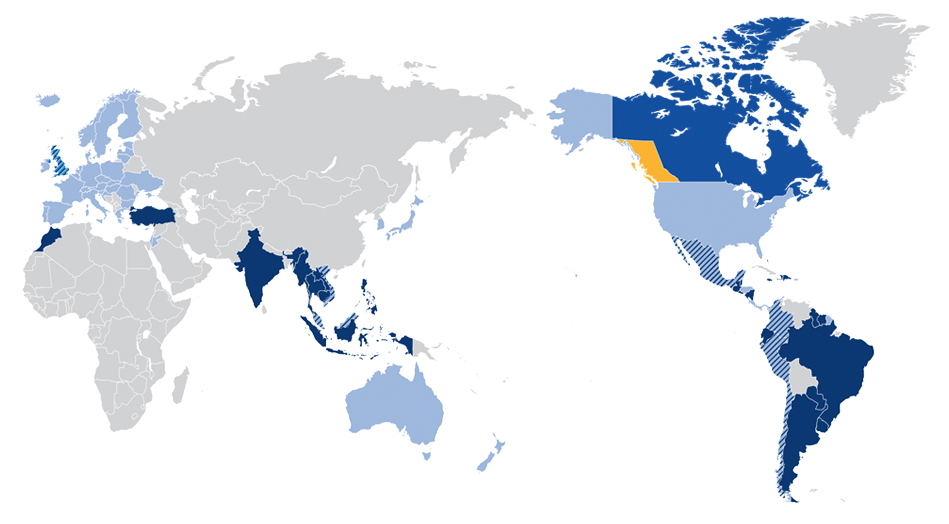 Accords de libre-échange entre la Colombie-Britannique et le Canada représentés sur la carte