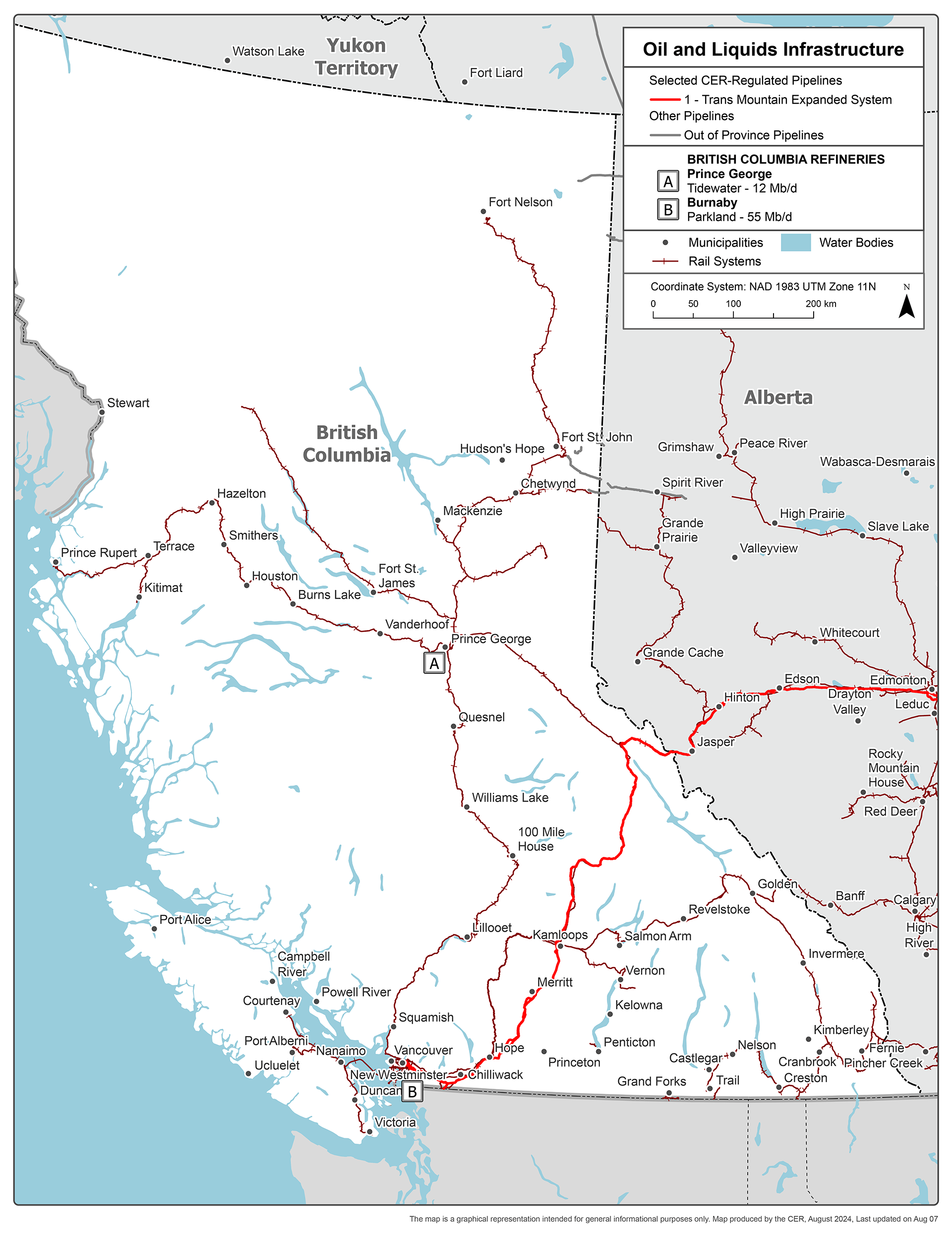 Carte des infrastructures de Trade & Invest BC - Pétrole et liquides