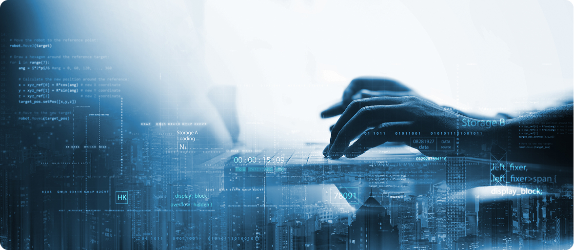 L’image montre un gros plan de mains tapant sur un clavier d’ordinateur portable, sur fond d’éléments numériques et de paysages urbains.