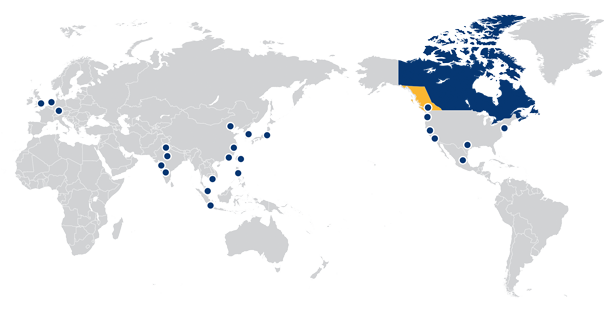 Trade and Invest BC a des bureaux de représentation dans 26 emplacements. Notre équipe facilite le commerce, l’investissement direct étranger et d’autres occasions d’investissement, en fournissant des conseils sur la façon de faire des affaires en Colombie-Britannique, au Canada et d’exporter de la Colombie-Britannique vers des marchés clés.